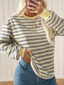 SHEIN EZwear 女款時尚百搭條紋長袖圓領運動衫 - 黃色 - 查看 8
