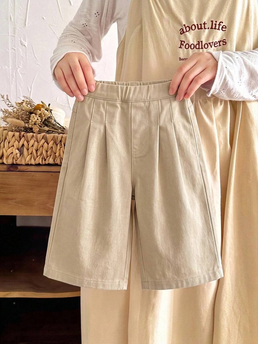 SHEIN LMoss Kids 女嬰純色百褶休閒日常牛仔長褲 - 卡其色 - 查看 1
