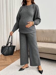 SHEIN Maternity Solid Color Round Neck Top And Long Pants Casual Dressy Daily Knit Set Autumn Formal Home Wear Grey - Grey - View 7