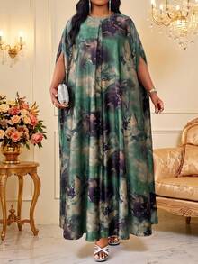 Fleurora 大尺碼女款花卉印花寬鬆百褶優雅晚宴正式長裙 - 綠色 - 查看 4