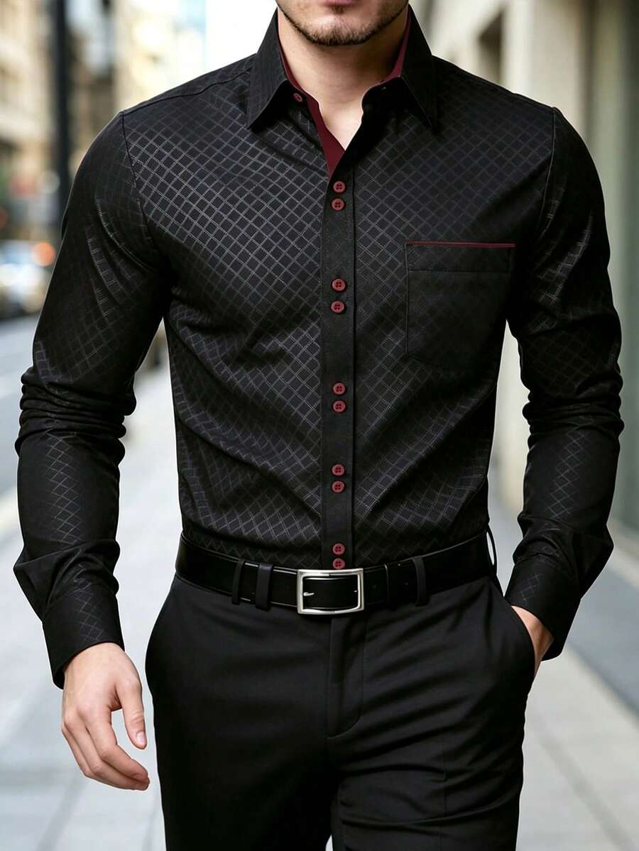 Manfinity Mode Men's Formal Casual Streetwear Versatile Commute Striped Patchwork Long Sleeve Shirt - Black - View 1