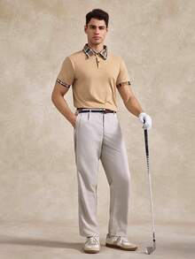 Courvante Men's Solid Color Patchwork Front Button Short Sleeve Casual T-Shirt - Khaki - View 2
