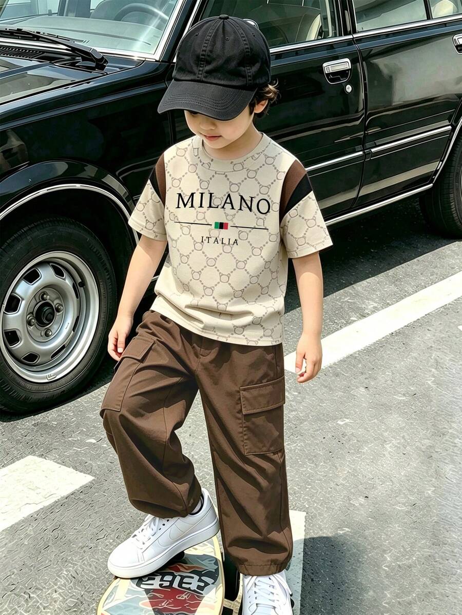 SHEIN Boys All Over Geometric Letter Print Color Block Cargo Pockets Loose Sets Back To School Casual Beige Shorts Outfit Tops - Multicolor - View 1