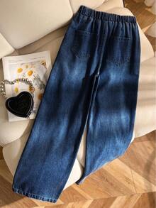 SHEIN 女童秋季棉質水洗多功能時尚休閒寬鬆舒適深藍色水洗牛仔長褲，鬆緊腰，返校穿搭 - 中等水洗藍 - 查看 2