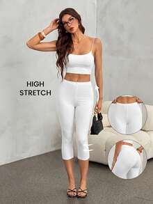 SHEIN Tall 女款素色彈力腰休閒短款緊身褲 - 白色 - 查看 7
