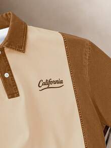 Manfinity Joysei Men's Letter Pattern Colorblock Casual Daily Short Sleeve Polo Shirt - Coffee Brown - View 3