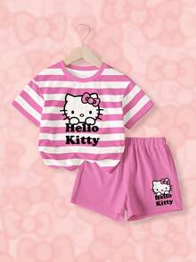HELLO KITTY AND FRIENDS | SHEIN 女童条纹圆领短袖T恤和短裤休闲套装 - 白色 - 查看 1