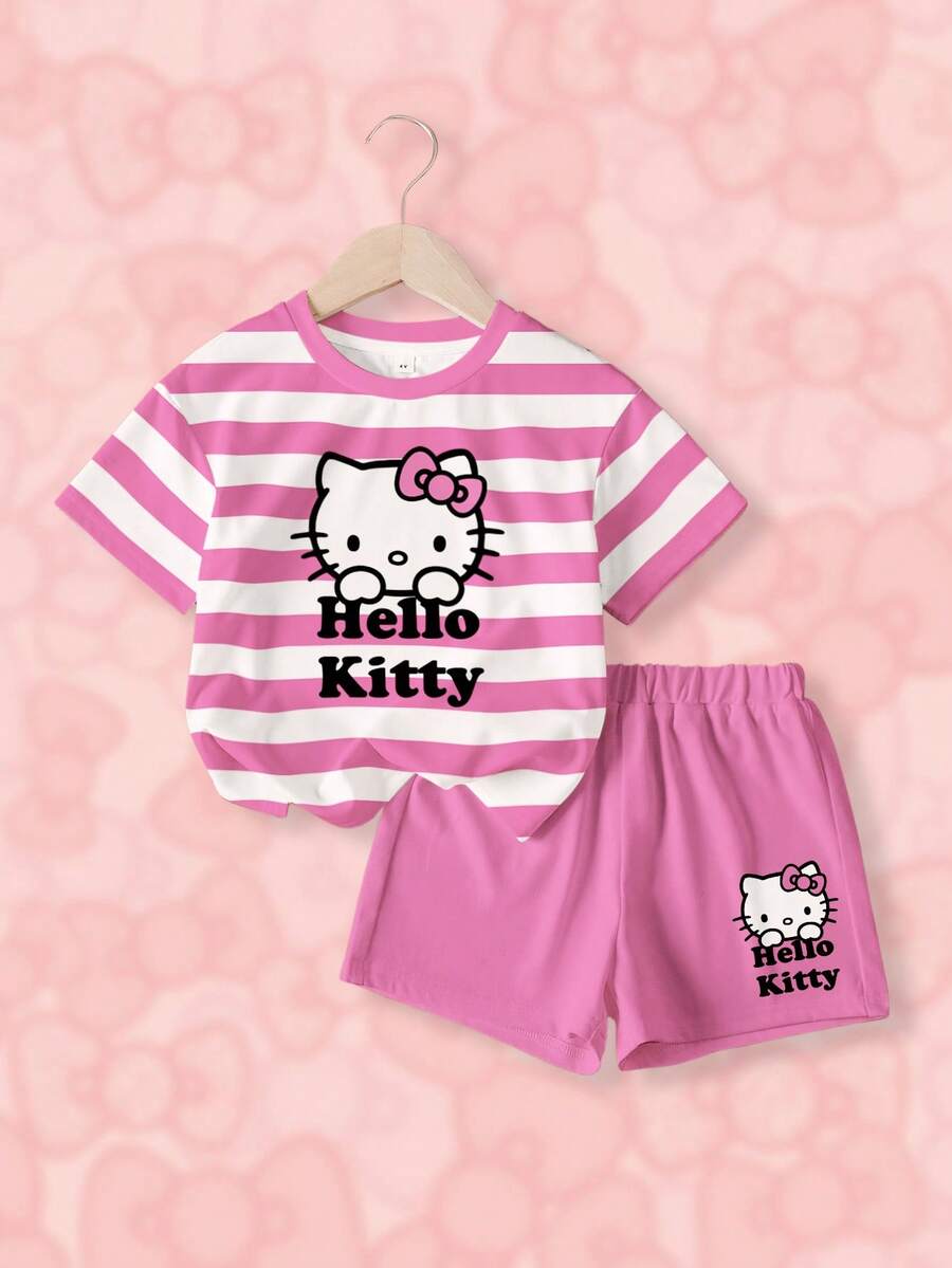HELLO KITTY AND FRIENDS | SHEIN 女童条纹圆领短袖T恤和短裤休闲套装 - 白色 - 查看 1