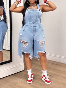 Slaydiva Plus Size Women's All-Season Denim Overalls With Large Pockets, Distressed Ripped Hem, Light Blue, Capri Length - Light Wash - View 1