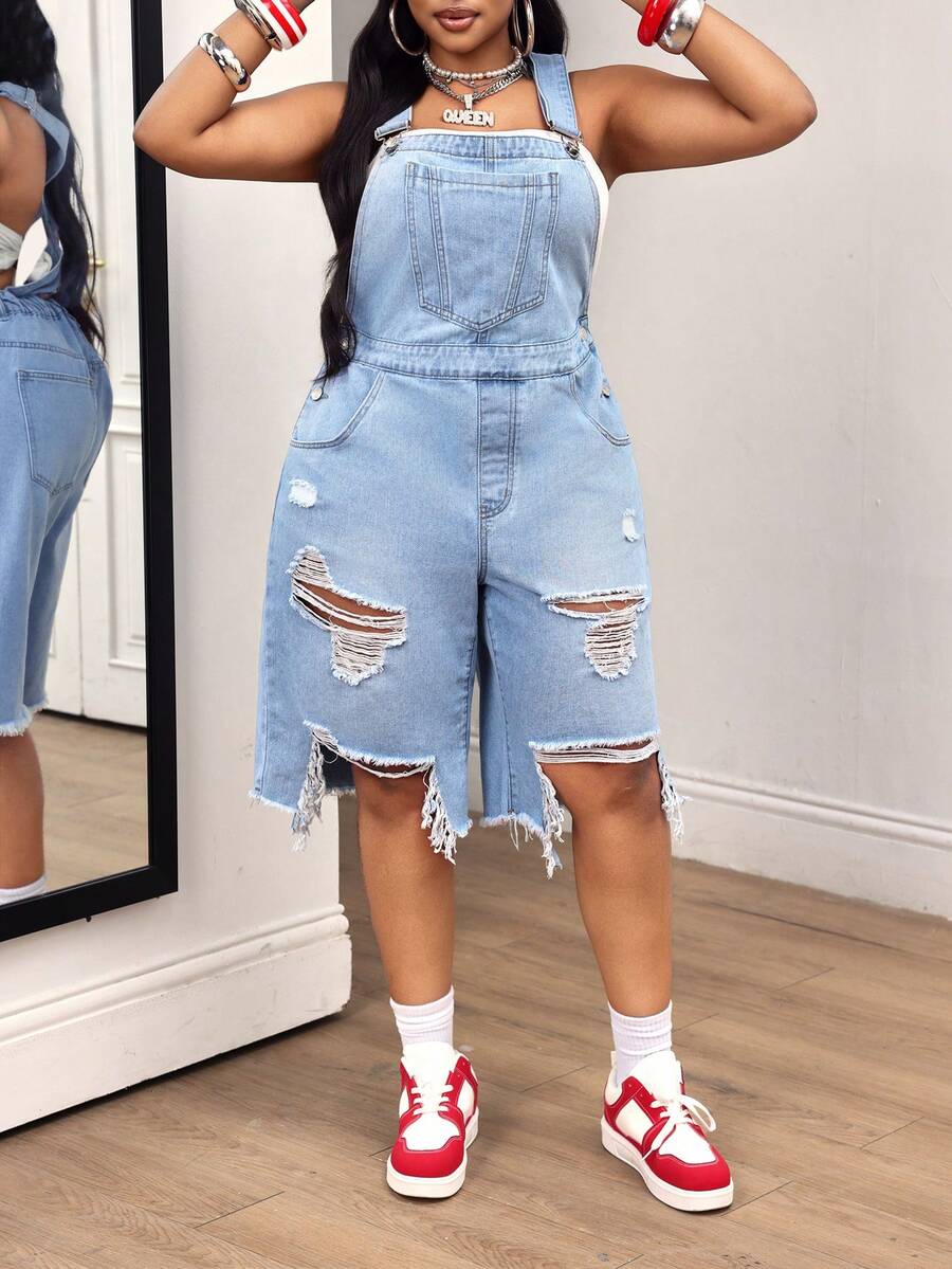 Slaydiva Plus Size Women's All-Season Denim Overalls With Large Pockets, Distressed Ripped Hem, Light Blue, Capri Length - Light Wash - View 1