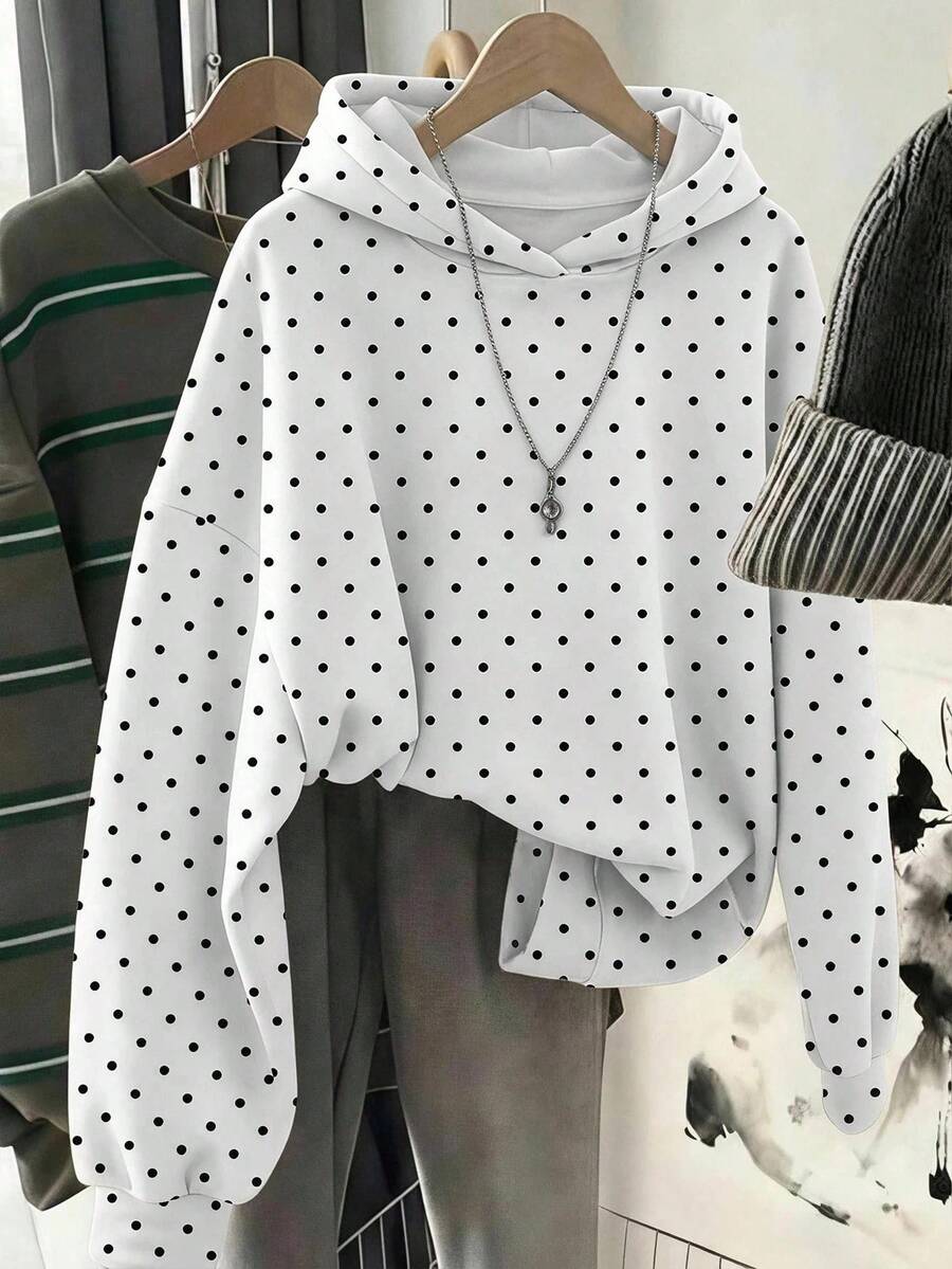 兒童青少年女孩波點印花長袖寬鬆休閒可愛衛衣 開學季 白色配黑色波點 秋季 - 彩色 - 查看 1