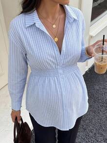 MaterniWear Women's Maternity Blue And White Striped Long-Sleeve Button-Front Shirt (Autumn) Social Blouse Fall - Blue - View 1