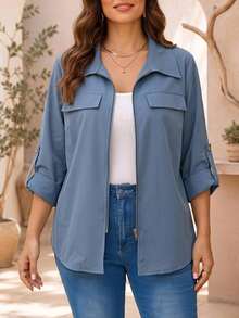 EMERY ROSE Plus Size Women's Solid Color Rolled Cuff Zipper Front Casual Jacket Fall - Blue - View 4