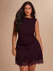 SHEIN BAE CURVE 大尺碼女款黑色蕾絲拼接無袖洋裝 - 酒紅色 - 查看 8