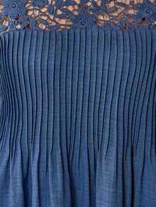 Lacomfia Damen elegantes minimalistisches gestreiftes Spitzen-Patchwork-Kleid mit aufgesetzten Taschen, locker und figurschmeichelnd, für den Sommer, Große Größen, Kurzarm - Blau - Übersicht 6