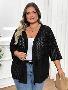 SHEIN CURVE+ Plus Size Hollow Knit Jacquard Cardigan, Suitable For Spring/Summer, Plus Size Body, Autumn/Winter Bohemian Casual Vacation Style Business Black - Black - View 5