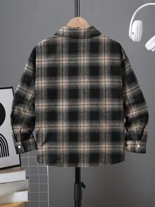 SHEIN Kids Tween Boy Casual Collegiate Plaid Turn-Down Collar Patch Pocket Button-Up Loose Woven Shirt, Suitable For Commuting, School, Daily Casual, Vacation, Travel, Sports, Spring, Summer, Autumn, Winter - Brown - View 3