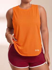 SHEIN Rhythm Era Women's Plus Size Letter Print Split Design Casual Versatile Daily Wear Sports T-Shirt - Coral Orange - View 3