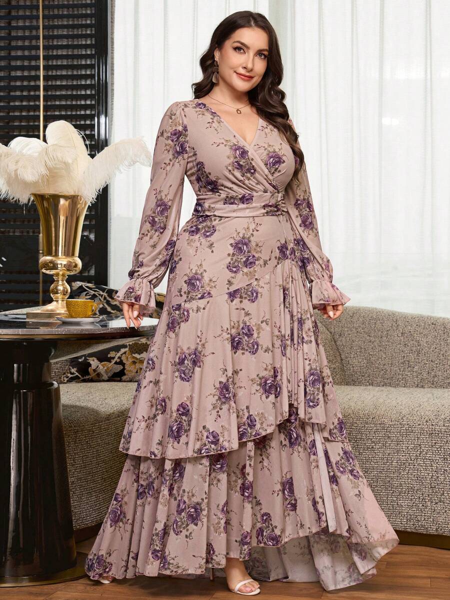 SHEIN Clasi 新款大尺碼女款時尚印花荷葉波浪下擺高彈性收腰修身長洋裝,秋季百褶花卉長裙 - 紫色 - 查看 1