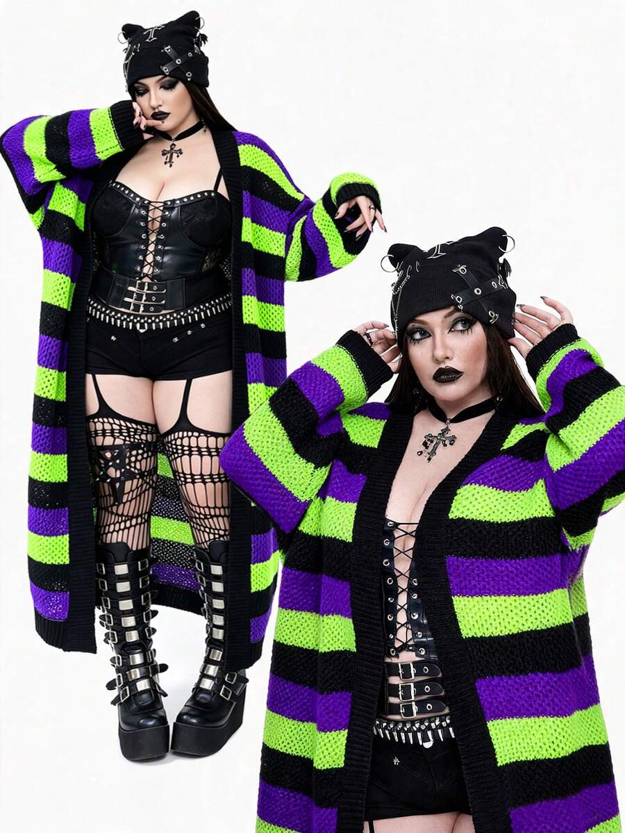 SHEIN CURVE+ 大尺碼女款暗黑風 Y2K 多色長袖長版開襟針織衫,適合萬聖節秋季/冬季穿搭 - 彩色 - 查看 1