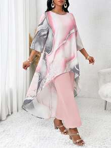 SHEIN Lady 女士圆领宽松不对称印花时尚休闲两件套，夏季 - 粉色 - 查看 4