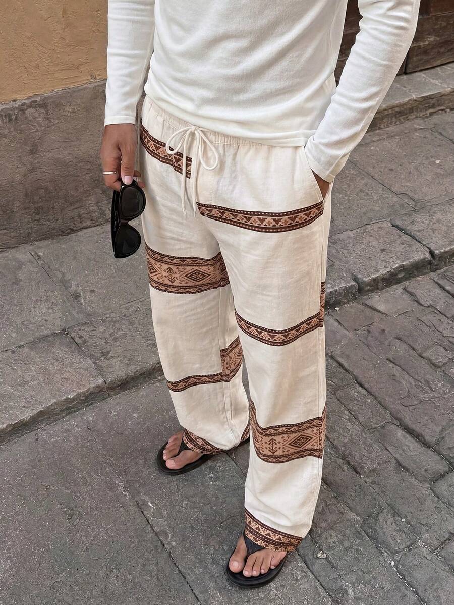 Ocevento Casual  Print Drawstring Boho Wide Leg Pants
Loose Fit  Striped Pattern White Linen Blend Trousers - Khaki - View 1