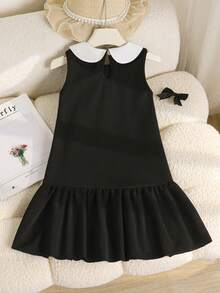 SHEIN Vestido con lazo plisado y estampado integral para niñas jóvenes, casual, lindo, preppy, holgado, otoño, regreso a la escuela, exterior, deportes, diario, cómodo, conjunto - Negro - Ver 3