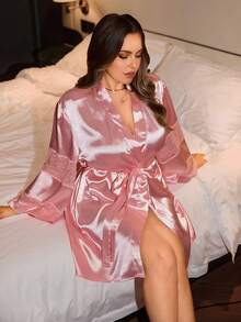 SilkySpell Lace Mesh Patchwork Faux Silk Sexy Plus Size Nightgown - Baby Pink - View 3