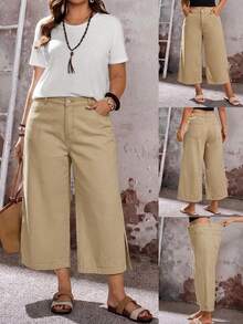 EMERY ROSE EMERY ROSE Plus Size Women's Pocket Side Slit Wide Leg Loose Casual Cropped Denim Jeans - Khaki - View 3