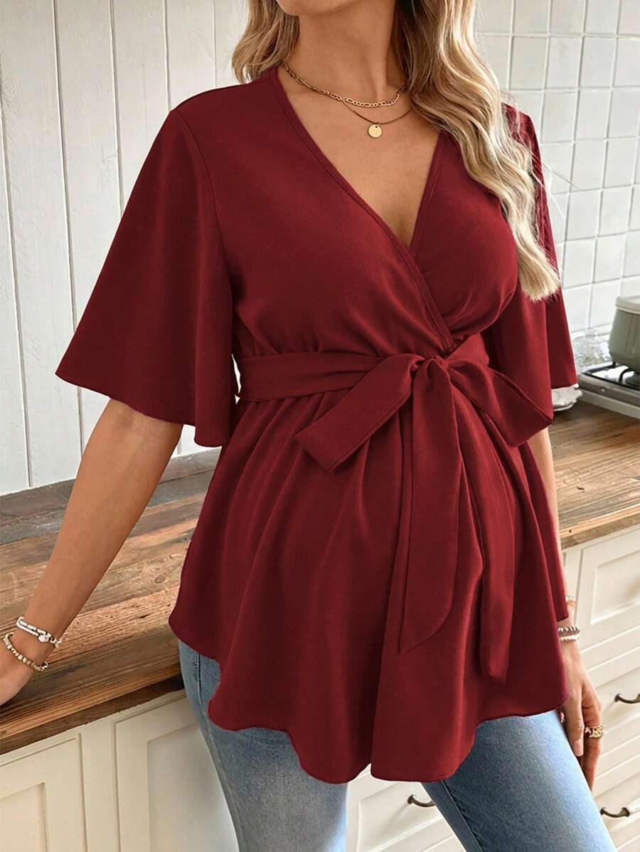 SHEIN 孕婦休閒純色V領上衣附腰帶 - 酒紅色 - 查看 1