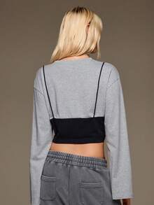 BAD SUNDAY Women's All-Season Lace Camisole Patchwork Long Sleeve T-Shirt, 2 In 1 Y2K Millennium Hot Girl Cool Innerwear - Grey - View 2