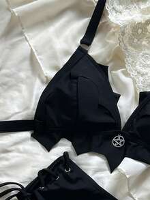 ROMWE 2026 Black Gothic Style Asymmetric Beach Vacation Swimwear Bikini Set For Women - Multicolor - View 8