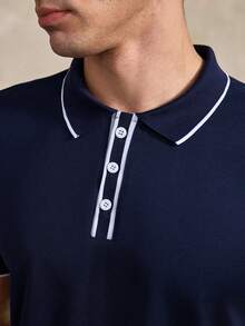 Courvante Men's Contrast White Trim Mesh Knit Polo Shirt Short Sleeve Breathable Slim Fit Business Casual Navy Top For Daily Office Wear - Navy Blue - View 6