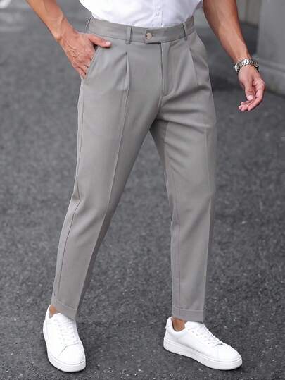 Manfinity Mode Men's Light Gray Classic Versatile Dress Pants, Comfortable Casual Home And Commute Wear, Mature Minimalist Elegant Double Pleated Design