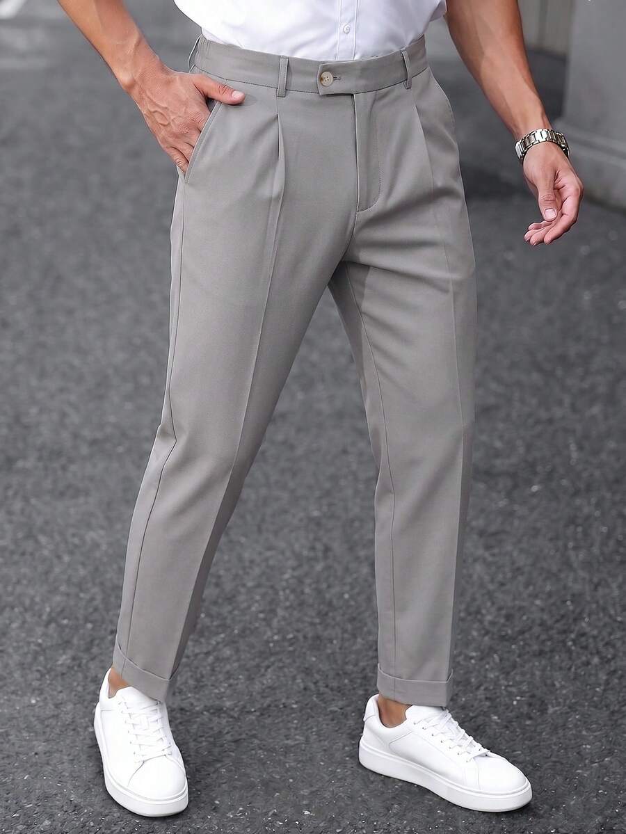 Manfinity Mode Men's Light Gray Classic Versatile Dress Pants, Comfortable Casual Home And Commute Wear, Mature Minimalist Elegant Double Pleated Design - Light Grey - View 1