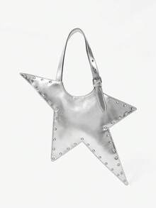 Viva Strut 1pc Star Shape Shoulder Bag, Sliver Faux Leather, Fashion, Personalized, Versatile, Street Style, Sweet Cool Girl, Hot Girl, Y2K, Rivet. - Silver - View 1
