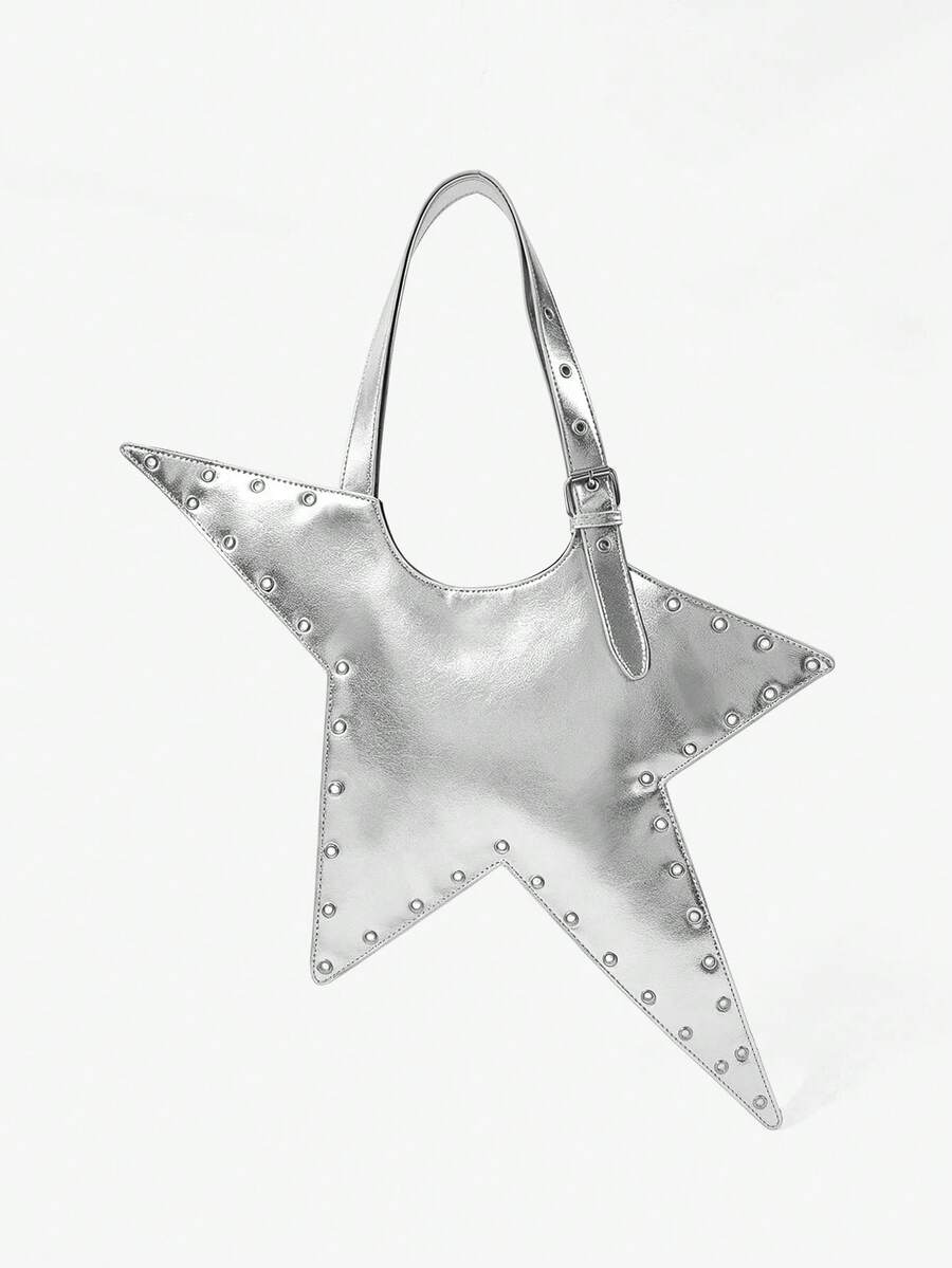 Viva Strut 1pc Star Shape Shoulder Bag, Sliver Faux Leather, Fashion, Personalized, Versatile, Street Style, Sweet Cool Girl, Hot Girl, Y2K, Rivet. - Silver - View 1