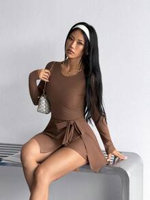 Dewbera Dewbera 1pc Solid Color Backless Cutout Shorts Skirt Design Women's Sports Dress - Brown - View 6