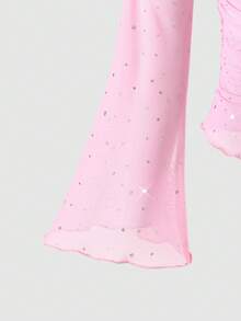 SHEIN Sparklyn 女童春秋新款背心內搭二合一露肩亮片網紗長袖上衣，時尚優雅甜美可愛活潑，獨特質感必備穿搭 - 粉色 - 查看 6