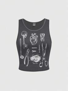 ROMWE Goth Women's Round Neck Tooth Print Casual Versatile Daily Wear Top - Dark Grey - View 1