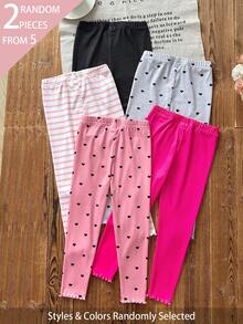 SHEIN 5pcs Randomly Sent 2pcs Spring Summer All Season Girls Heart Stripe Sweet Cute Versatile Pink Grey Black Soft Comfortable Ribbed Knit Leggings - Multicolor - View 3