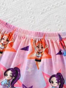 2pcs Young Girl Comfortable Soft Knit Camisole Shorts Set, Ruffled Design, Cute Pattern, Ideal Gift - Multicolor - View 7