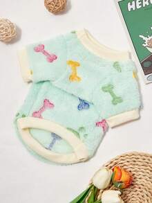 PETSIN 1 Pc Mint Green Cute Paw Print & Bone Fleece Thickened Warm Crew Neck Sweatshirt For Cats & Dogs, Autumn/Winter - Multicolor - View 6