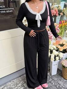 GalTyme Plus Size Contrast Color Lace Patchwork Drawstring Top & Pants 2 Pieces Set Fall - Black and White - View 1
