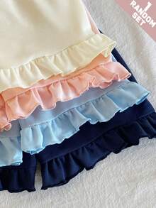 SHEIN 女童甜美可愛簡約富家風 Polo 領短袖撞色領口蝴蝶結刺繡貼布裝飾上衣 荷葉邊腰帶下襬裙褲休閒 T-shirt 隨機 4 件組 - 彩色 - 查看 7