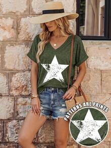 EMERY ROSE Camiseta de mujer con cuello en V, estampado de pentagrama y diseño de contraste, corte holgado, esencial para primavera/verano, uso casual, adecuada para exteriores - Verde - Ver 3