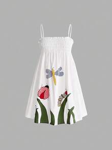 ROMWE Fairycore Women's Cute Pastoral Insect Applique Embroidered Cotton Linen Casual Holiday Spaghetti Strap Short Dress - White - View 5