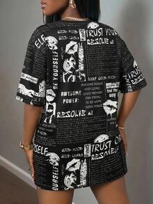 SHEIN CURVE+ 大尺碼女款標語印花休閒日常商務洋裝 黑白配色 2026秋冬 22W - 黑與白 - 查看 3