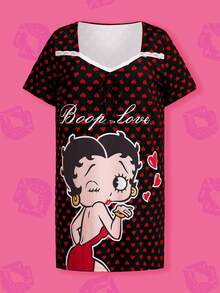 Betty Boop x SHEIN 大码休闲时尚爱心卡通印花甜心领蕾丝红色女士睡裙，Moo Moo睡衣 - 黑色 - 查看 5