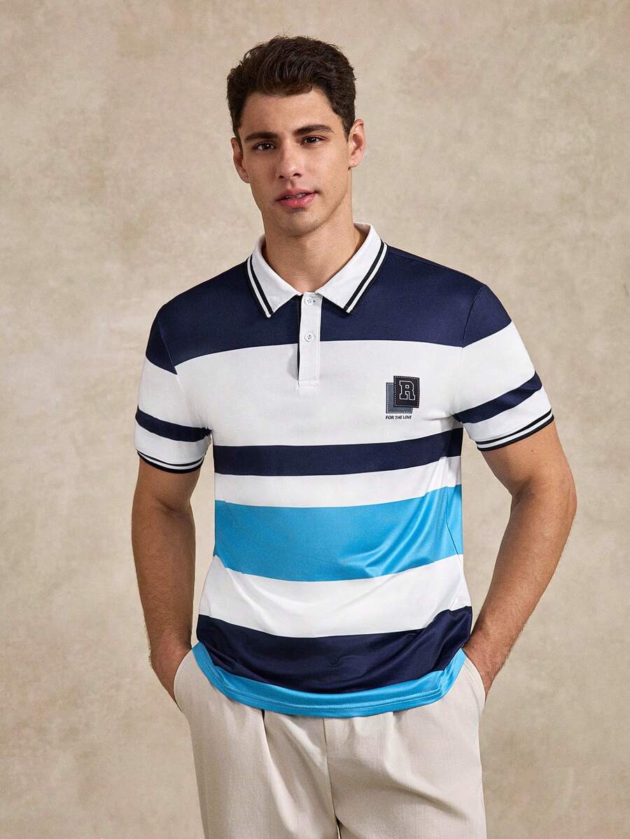 Summer Outing Top, Color-Block Pattern, Men's Standard Size POLO Shirt, Classic Multi-Color Striped Print Pattern, Pattern Design, Daily, Office Casual Business Style Top - Multicolor - View 1